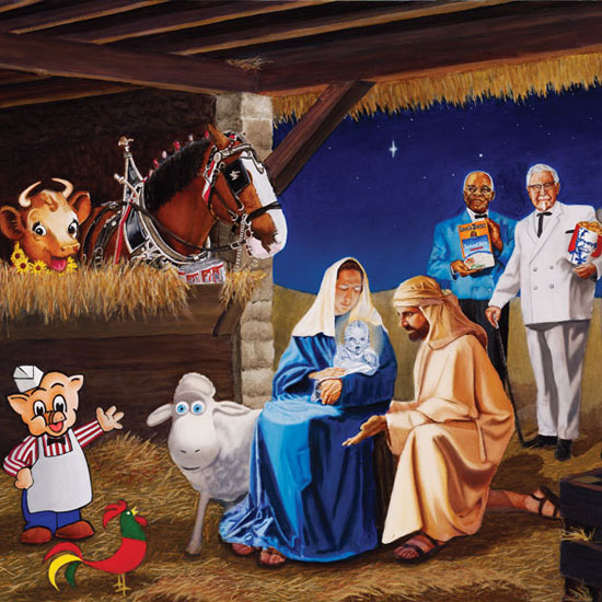 nativity scene featuring commercial icons