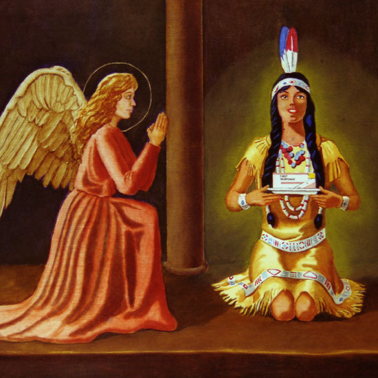 angel kneeling before Land'o'Lakes Indian maiden