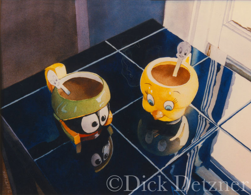 2 figural coffee mugs, Marvin the Martian and Tweety Bird, on a blue counter
