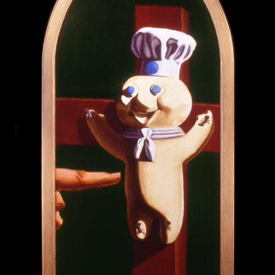 Pillsbury Dough Boy on crucifix getting poked in belly by giant finger