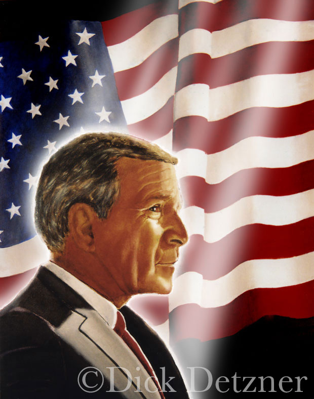 George W. Bush lit up in a in a halo, with American flag in background
