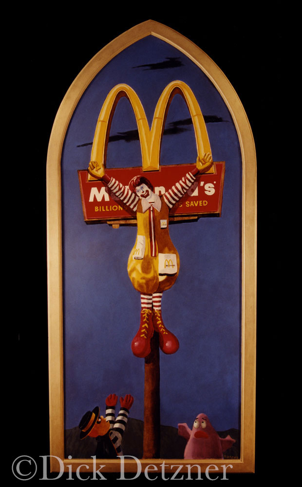 Ronald McDonald crucified on the golden arches, with Hamburgler and Grimace lamenting
