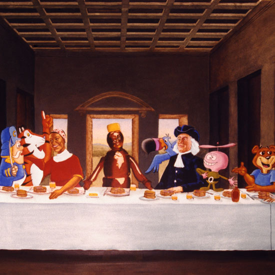 breakfast cereal icons seated at table similar to DaVinci's Last Supper