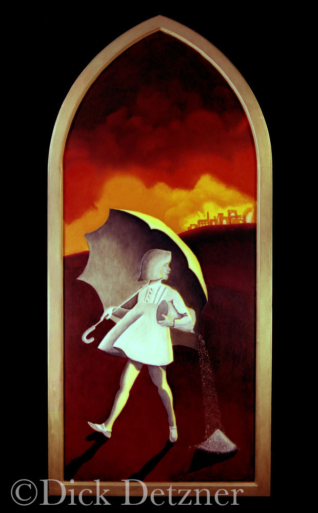 The Morton salt girl looking over her shoulder at a city in flames