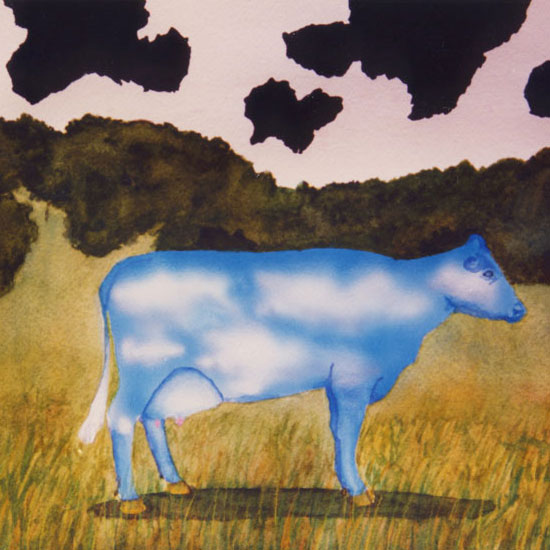 Cow with skin that looks like clouds on a sky