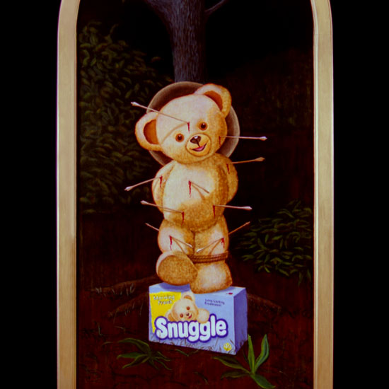 Snugglebear tied to a tree, stuck with arrows