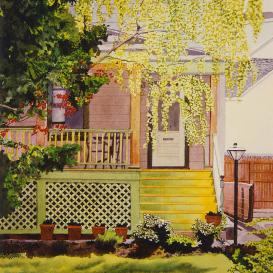 front porch of a house with trees in bloom
