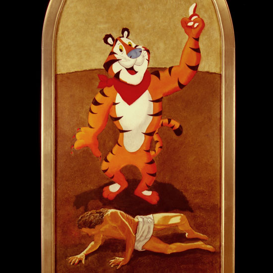 Tony the Tiger standing over a scantily clad mutilated man