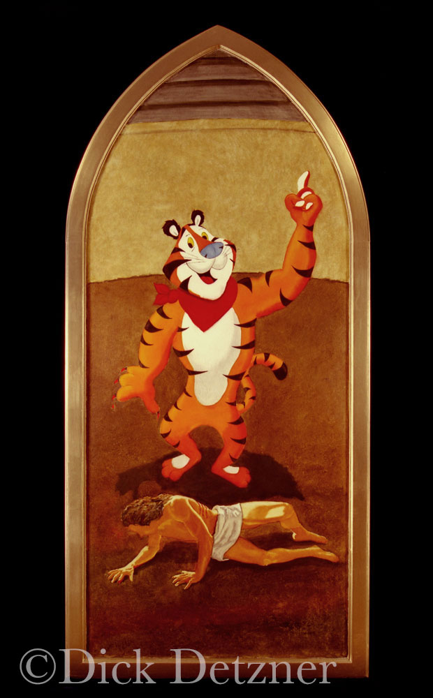 Tony the Tiger standing over a scantily clad mutilated man