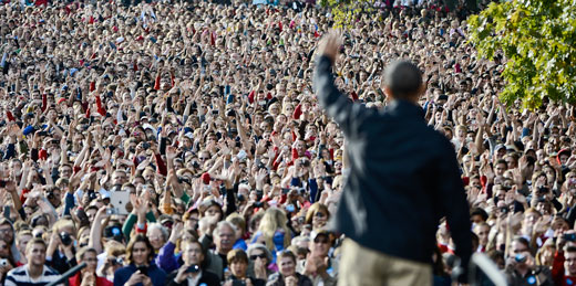 President Obama waving to large crowd