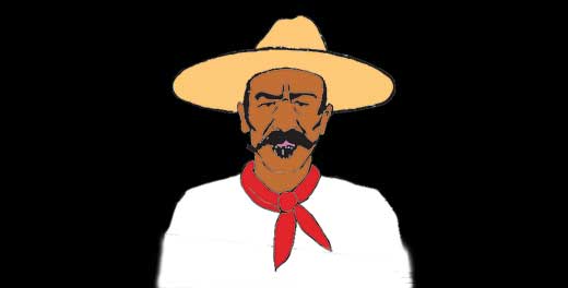 cartoon drawing of stereotypically Mexican man with moustache and big hat